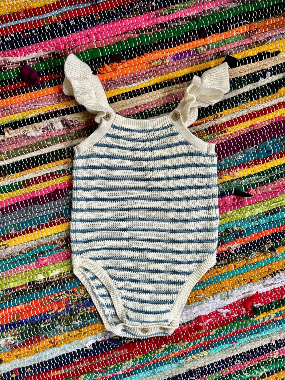 Cloud Island Striped Knit Ruffle Baby One-Piece in Cream and Blue 3-6 MOS